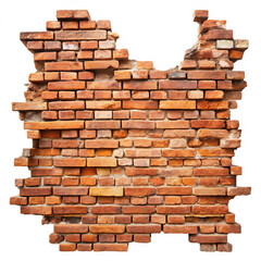 Fototapeta premium Old Red Brick Wall with Large Damaged Hole Isolated on White Background