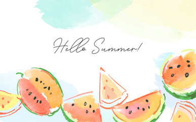 Hand-drawn pastel-style watermelon summer vector background. A frame of summer fruits.