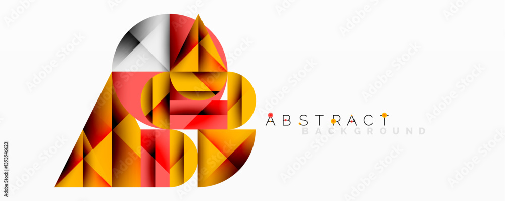 Poster Abstract geometric design featuring layered triangles forming letter shape. Warm color palette dominates with red, orange, yellow hues. Minimalist style, clean lines, modern aesthetic.