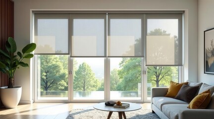 Fototapeta premium Modern Living Room with Sheer Roller Shades Offering Natural Light and Privacy