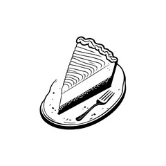 Monochrome depiction of a slice of sweet pie with serving utensils