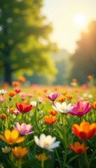 Obraz premium Sunlit meadow, myriad colorful blooms, fresh spring growth , colorful petals, floral
