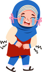 Crying Girl in Hijab Holding Stomach, Cartoon Illustration