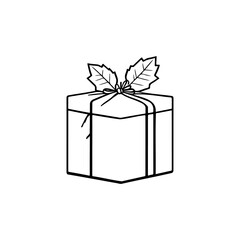 Festive Hand-Drawn Gift Box Illustration with Holly Sprig for Celebratory Occasions