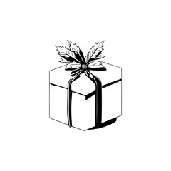 Minimalist illustration of a wrapped present with ribbon and decorative leaves