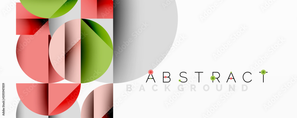 Aufkleber Modern abstract background features overlapping circles, squares, rectangles. Red, green, gray colors create dynamic composition. Minimalist design, clean aesthetic.