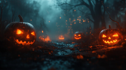 Fototapeta premium Dark and mysterious Halloween backdrop with 3D render, featuring copy space at the top center.