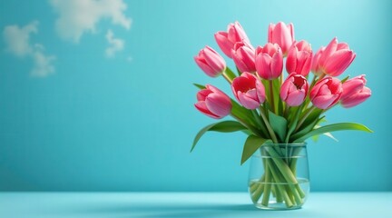 Fototapeta premium A vibrant bouquet of pink tulips arranged in a clear glass vase against a serene light blue backdrop, evoking feelings of springtime freshness and delicate beauty.