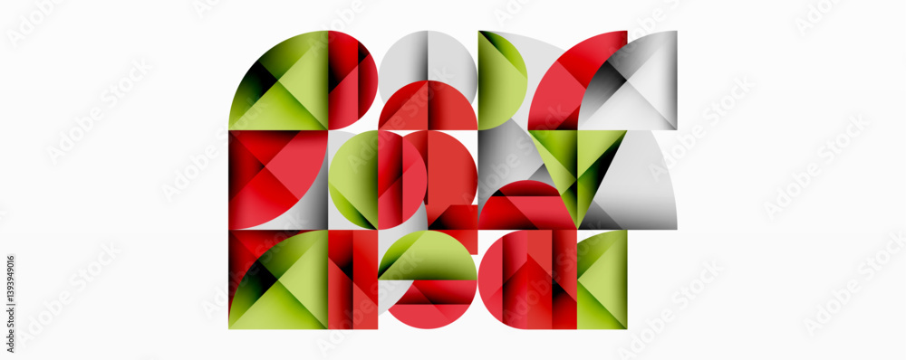 Aufkleber abstract geometric composition forming text. red, green, gray shapes overlap creating letterforms. m