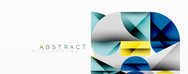 Geometric shapes overlap creating modern design. Blue, gray, yellow hues dominate composition. Minimalist aesthetic with gradient effects. Clean lines suggest technology, innovation.