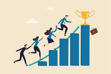 Obraz premium Growth to success, team achievement or teamwork to achieve target, career development or business strategy to win or victory, growing business concept, business people running up graph to trophy.