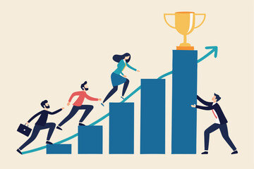 Growth to success, team achievement or teamwork to achieve target, career development or business strategy to win or victory, growing business concept, business people running up graph to trophy.