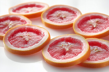 Multiple grapefruit slices arranged neatly, isolated on a white background