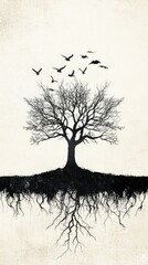 Bare tree with roots and birds taking flight
