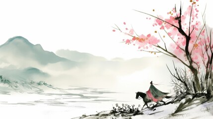 Chinese style freehand color ink painting illustration of a galloping horse