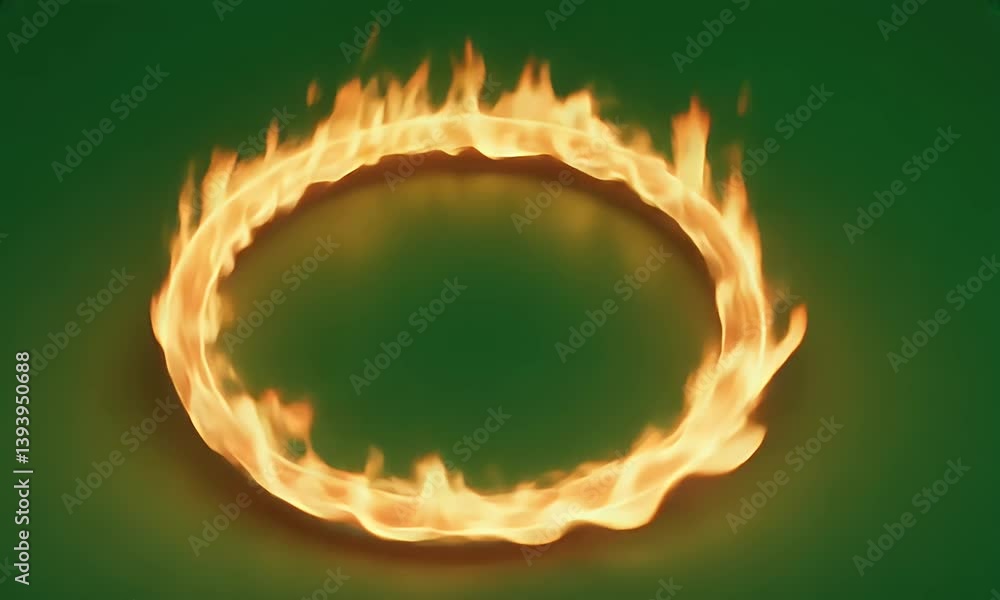 Poster green screen video frame showing a glowing ring of fire rotating slowly in smooth motion over solid 