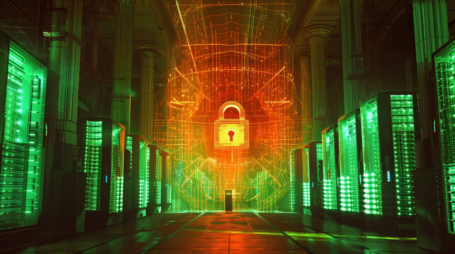 Modern data center corridor with glowing digital padlock symbolizing secure server infrastructure