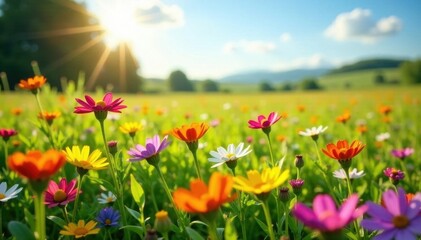 Obraz premium Vibrant wildflowers carpet sun-drenched field, wildflowers, field, blue