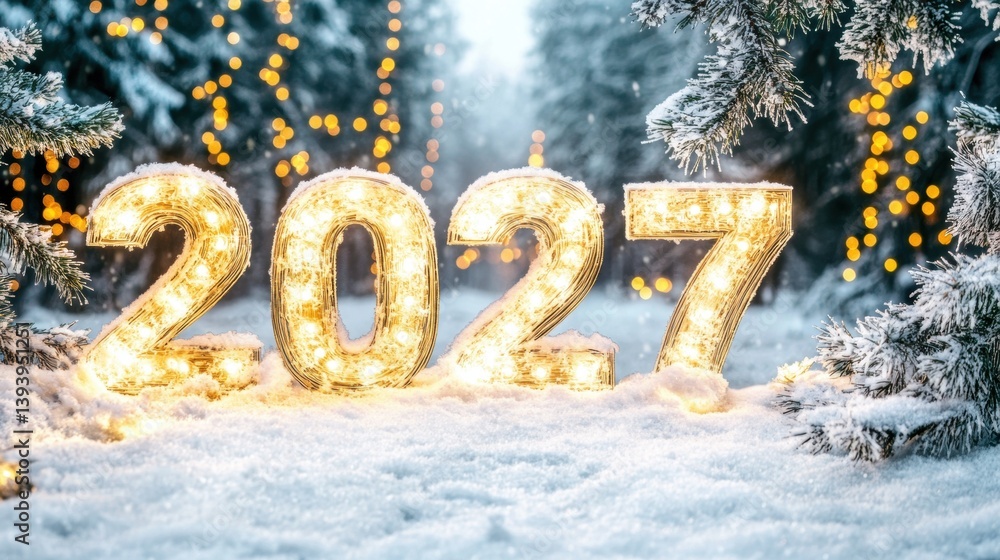 Aufkleber illuminated numbers glowing in the snow create a festive atmosphere as pine trees frame the scene. w