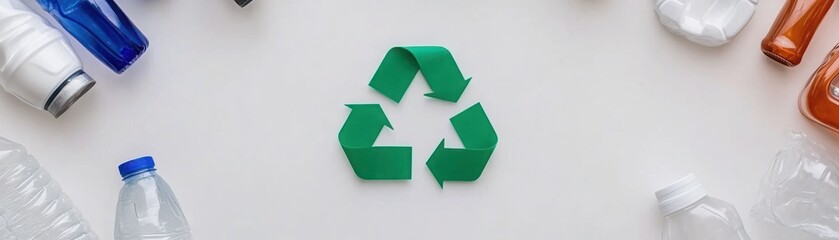 Obraz premium Green recycling symbol surrounded by plastic bottles on a light surface, promoting environmental awareness and sustainability concepts for eco-friendly living