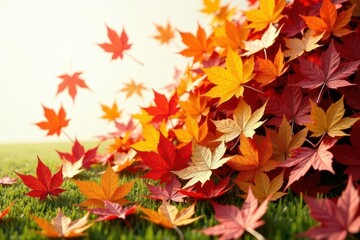 Autumnal foliage cascading onto vibrant green grass, displaying a spectrum of warm colors from fiery red to golden yellow, creating a picturesque seasonal scene