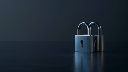 Fototapeta premium Two metallic padlocks on glossy dark surface symbolizing strength, security, and dual protection