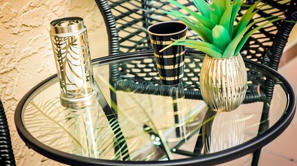Decorative items arranged on a small glass table outdoors