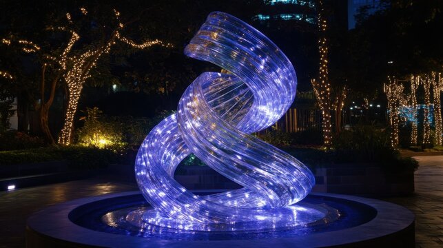 Abstract Twisted Blue and Purple Fiber Optic Light Sculpture Illuminated at Night