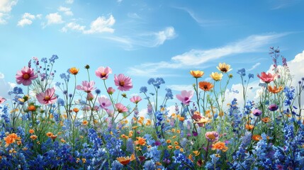 A vibrant field of various colorful flowers under a blue sky with fluffy clouds.