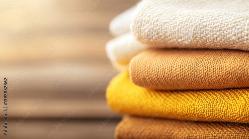 Poster textiles in warm tones are neatly arranged, showcasing their textures and colors, highlighted by sof