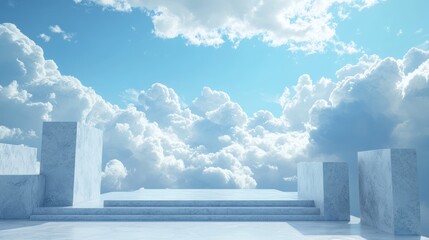 Marble platform, cloudscape backdrop, product display