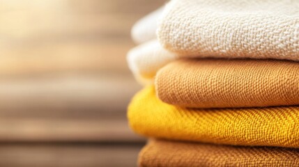 Textiles in warm tones are neatly arranged, showcasing their textures and colors, highlighted by soft, natural lighting from the side