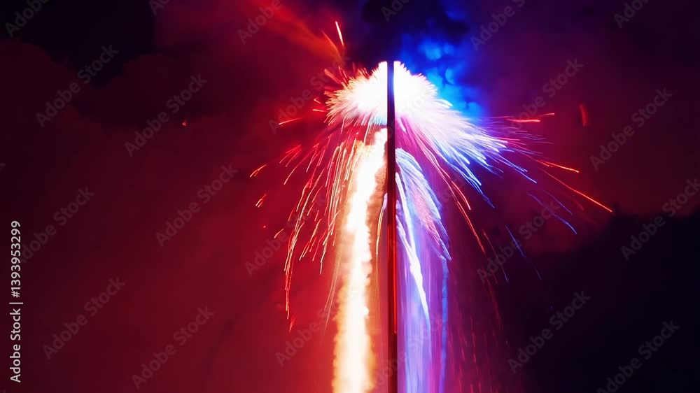 Poster tilt down video of the bold collision of red and blue light trails, creating vibrant intersections a