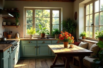 Sunlit kitchen with rustic wooden table, teal cabinets, and vibrant potted plants
