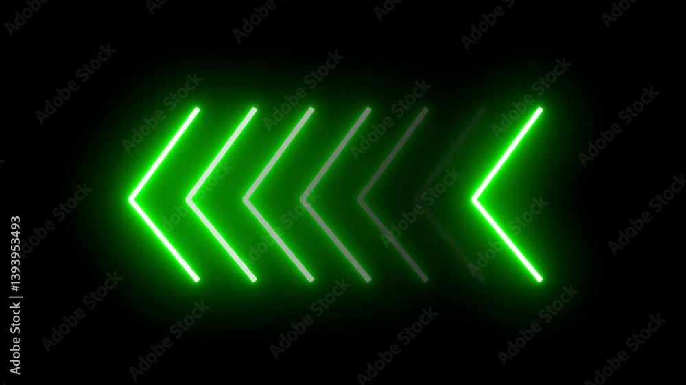 Poster seven 7 shapes of glowing green neon arrows fade in and fade out motion animation graphic, right to 