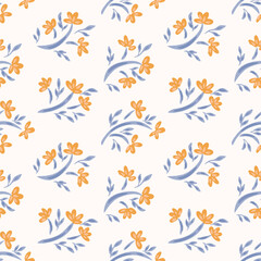 Hand painted abstract flower drapes forming a diagonal floral pattern in a color palette of orange, cream and blue on off white background. Seamless vector pattern. Great for home decor, fabric, gifts