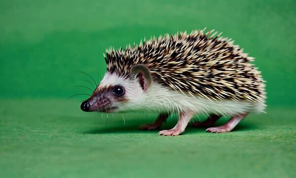 green screen video frame of small hedgehog curiously sniffing around on ground surface while standing on green background