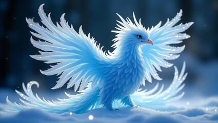 Obraz premium A stunning blue phoenix stands majestically amidst a snowy landscape, its feathers shimmering with icy elegance.