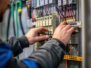 A close-up of an electrical engineer hands adjusting cables inside a control box
