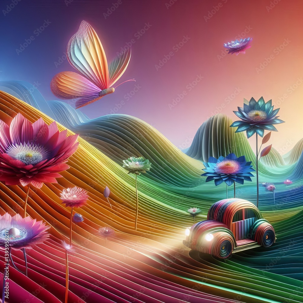 Canvas Prints a surreal landscape with flowers that shift colors via layered f