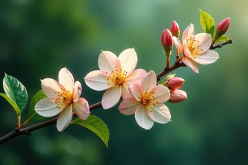 Obraz premium Delicate Peach Blossoms on a Branch, Illuminated by Soft Sunlight, Displaying Exquisite Details of Petals and Buds