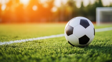 Fototapeta premium A black and white soccer ball rests on lush green grass near a goalpost, bathed in warm light as the sun sets in the background