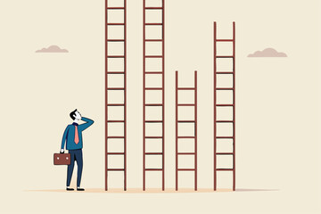 Choosing success ladder, difference career path, opportunity or various choices, challenge to choose best option, climb up ladder of success concept, businessman thinking to choose the right ladder.
