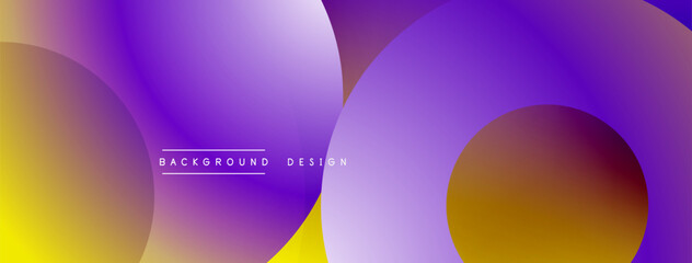 Abstract background features overlapping circles. Gradient transitions blend purple, orange, yellow hues. Modern design evokes fluidity, depth. Minimalist aesthetic suits various digital projects.