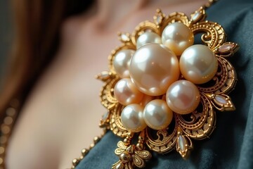 Fototapeta premium Elegant Pearl and Gold Brooch Adorning a Delicate Neckline, a Luxurious Accessory for Special Occasions