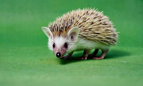 green screen video frame of adorable hedgehog exploring area with nose down while walking gently across clean green floor