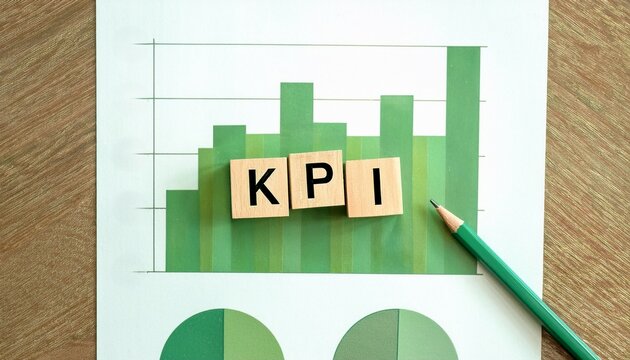 A green-themed KPI graph with wooden blocks spelling "KPI," highlighting performance metrics on a paper sheet next to a green pencil.