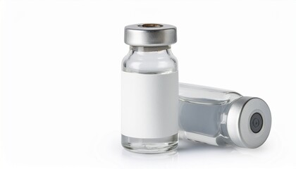 Two clear glass vials with metal caps, one upright and the other tilted, showcasing a sterile environment typical for medical or pharmaceutical use.