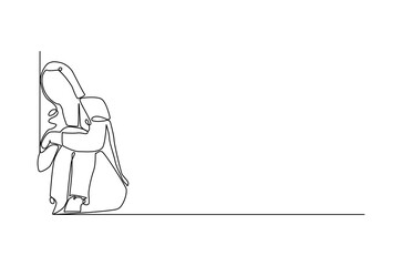 Continuous one line drawing of young sad woman. Single line drawing illustration of woman crying. International Day for the Elimination of Violence against Women. Doodle line illustration.