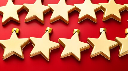 Fototapeta premium Gold Star Christmas Ornaments Red Background Festive Holiday Decoration